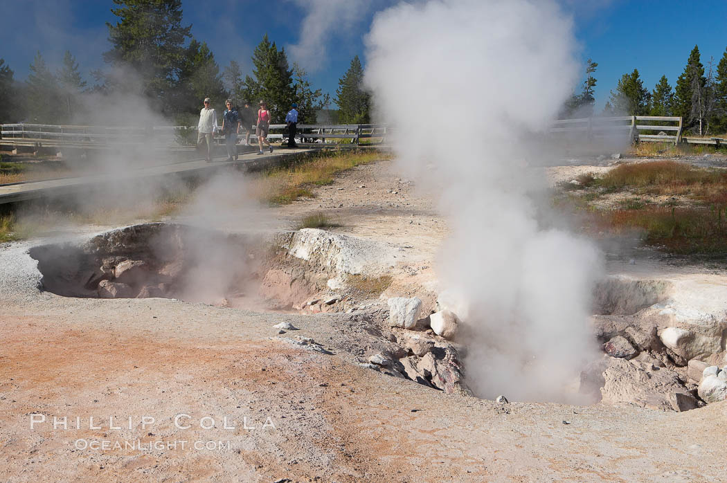 Red Spouter displaying as a fumarole, producing superheated steam.  At other times, Red Spouter may splash with mud or water.  Lower Geyser Basin. Yellowstone National Park, Wyoming, USA, natural history stock photograph, photo id 13523