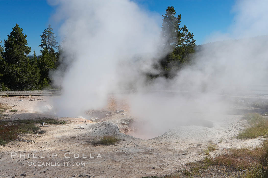 Red Spouter displaying as a fumarole, producing superheated steam.  At other times, Red Spouter may splash with mud or water.  Lower Geyser Basin. Yellowstone National Park, Wyoming, USA, natural history stock photograph, photo id 13521
