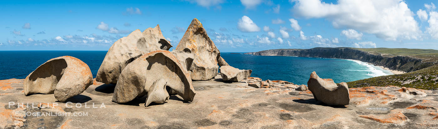 Remarkable Rocks Panoramic Photo. It took 500 million years for rain, wind and surf to erode these rocks into their current form.  They are a signature part of Flinders Chase National Park on Kangaroo Island, South Australia., natural history stock photograph, photo id 39224