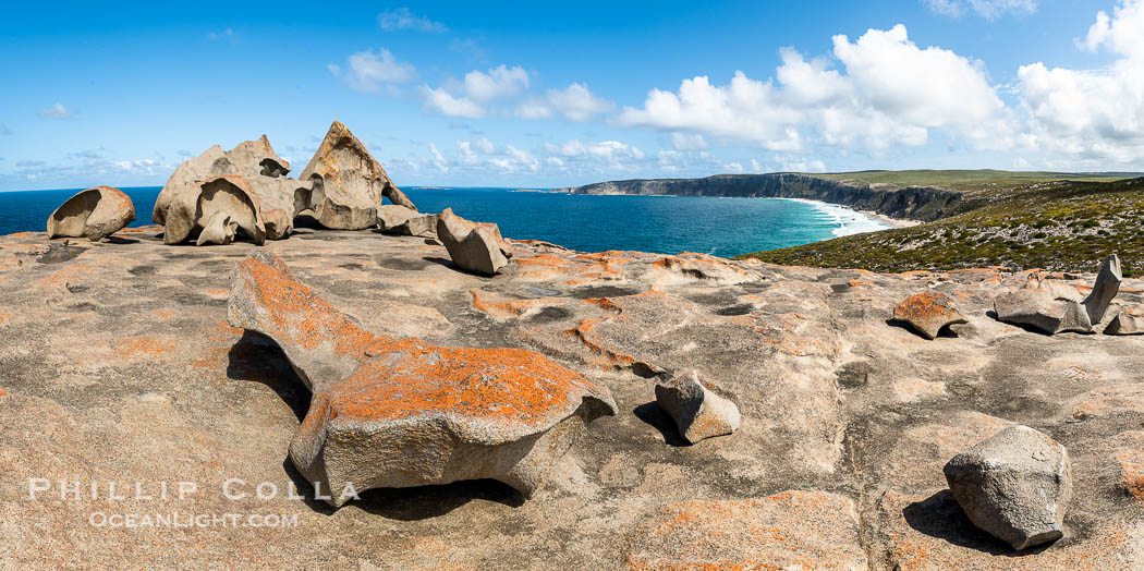 Remarkable Rocks Panoramic Photo. It took 500 million years for rain, wind and surf to erode these rocks into their current form.  They are a signature part of Flinders Chase National Park on Kangaroo Island, South Australia., natural history stock photograph, photo id 39264
