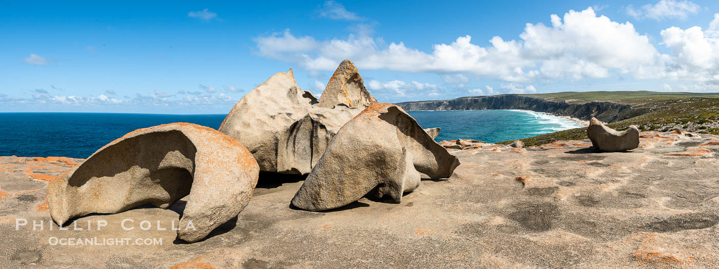 Remarkable Rocks Panoramic Photo. It took 500 million years for rain, wind and surf to erode these rocks into their current form.  They are a signature part of Flinders Chase National Park on Kangaroo Island, South Australia., natural history stock photograph, photo id 39263