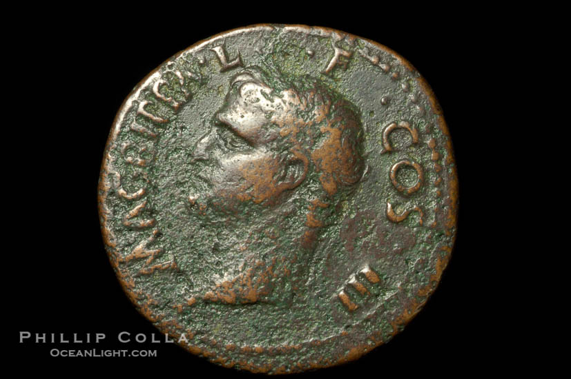 Roman emperor Agrippa (18-11 B.C.), depicted on ancient Roman coin (bronze, denom/type: As) (Issued by Caligula AS; F+; RIC 58, (Tib.) 32; BMC 161.)., natural history stock photograph, photo id 06526