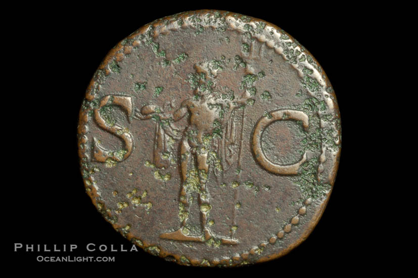 Roman emperor Agrippa (18-11 B.C.), depicted on ancient Roman coin (bronze, denom/type: As) (Issued by Caligula AS; F+; RIC 58, (Tib.) 32; BMC 161.)., natural history stock photograph, photo id 06527