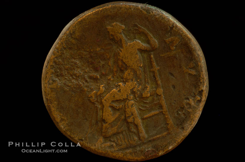Roman emperor Antonius Pius (138-161 A.D.), depicted on ancient Roman coin (bronze, denom/type: Sestertius) (Sestertius Obverse: ANTONINVS AVG PIUS PP TR P COS III. Reverse: OPS AVG.)., natural history stock photograph, photo id 06790
