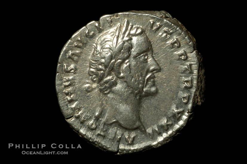Roman emperor Antonius Pius (138-161 A.D.), depicted on ancient Roman coin (silver, denom/type: Denarius)., natural history stock photograph, photo id 06552