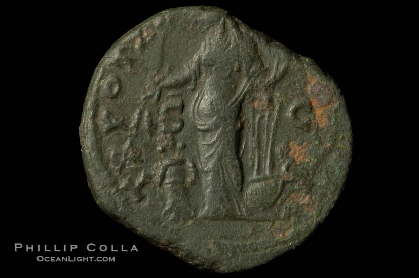 Roman emperor Antonius Pius (138-161 A.D.), depicted on ancient Roman coin (bronze, denom/type: Dupondius) (AE Dupondius. Reverse: TR POT XX COS IIII SC)., natural history stock photograph, photo id 06555