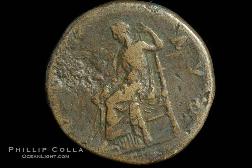 Roman emperor Antonius Pius (138-161 A.D.), depicted on ancient Roman coin (bronze, denom/type: Sestertius) (Sestertius Obverse: ANTONINVS AVG PIUS PP TR P COS III. Reverse: OPS AVG.)., natural history stock photograph, photo id 06791