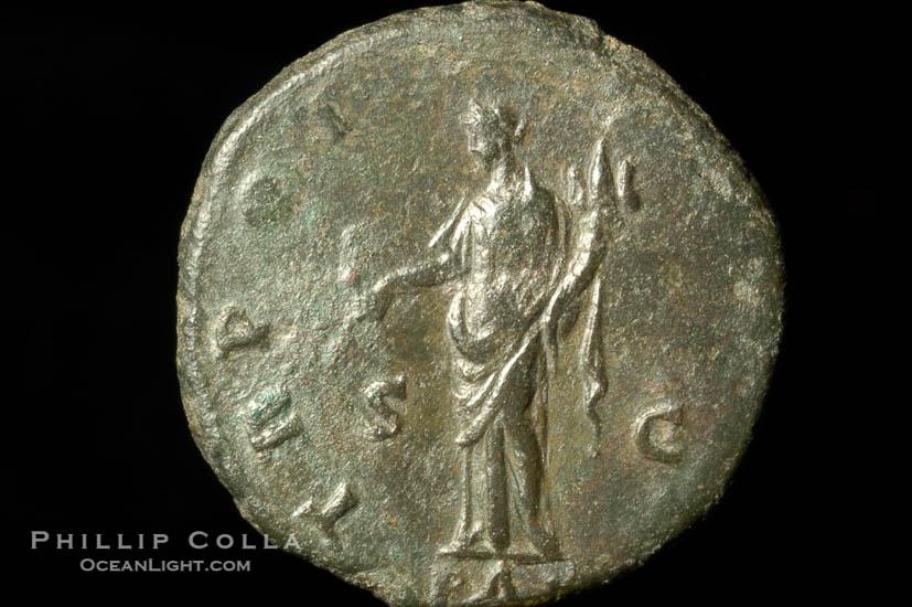 Roman emperor Antonius Pius (138-161 A.D.), depicted on ancient Roman coin (bronze, denom/type: As) (As. Obverse: ANTONIUS AVG PIUS PP. Reverse: TR POT COS II SC PAX (exergue). PAX stg left., holding branch and cornucopiae.)., natural history stock photograph, photo id 06557