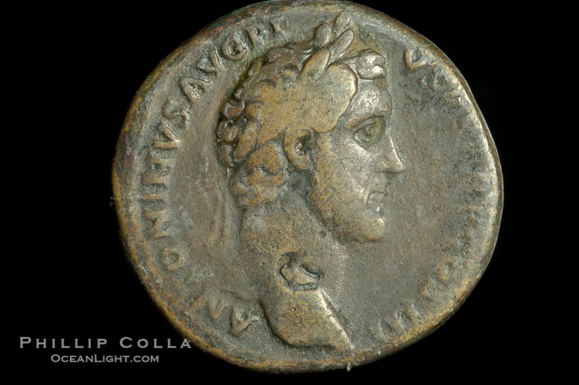 Roman emperor Antonius Pius (138-161 A.D.), depicted on ancient Roman coin (bronze, denom/type: Sestertius) (Sestertius Obverse: ANTONINVS AVG PIUS PP TR P COS III. Reverse: OPS AVG.)., natural history stock photograph, photo id 06789