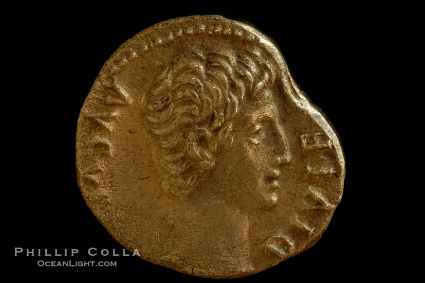 Roman emperor Augustus (27 B.C.-14 A.D.), depicted on ancient Roman coin (silver, denom/type: Denarius) (Denarius, Actian Apollo; Battle of Actium. Sear 1611.)., natural history stock photograph, photo id 06774
