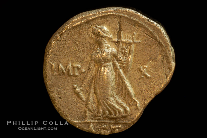 Roman emperor Augustus (27 B.C.-14 A.D.), depicted on ancient Roman coin (silver, denom/type: Denarius) (Denarius, Actian Apollo; Battle of Actium. Sear 1611.)., natural history stock photograph, photo id 06776