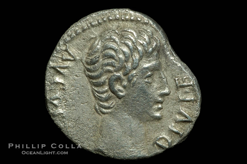 Roman emperor Augustus (27 B.C.-14 A.D.), depicted on ancient Roman coin (silver, denom/type: Denarius) (Denarius, Actian Apollo; Battle of Actium. Sear 1611.)., natural history stock photograph, photo id 06775