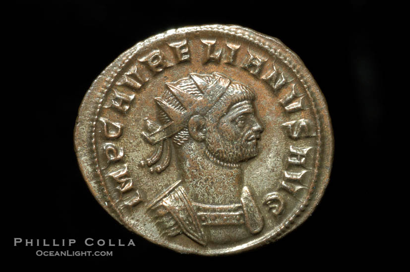 Roman emperor Aurelian (270-275 A.D.), depicted on ancient Roman coin (bronze, denom/type: Antoninianus) (Antoninianus VF. Obverse: IMP C AVRELIANVS AVG. Reverse: CONCORDIA MILITVM, S, XXIVI exergue.)., natural history stock photograph, photo id 06626