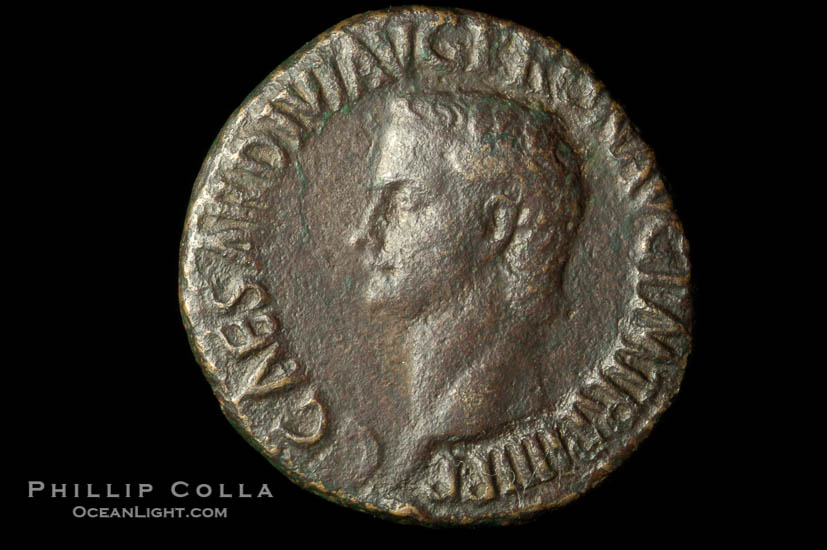 Roman emperor Caligula (37-41 A.D.), depicted on ancient Roman coin (bronze, denom/type: As) (AE As. Obverse: Bust left. C CEASAR DIVI AVG PRON AVG PM TRP IIII PP. Reverse: Vesta seated left. SC. TRP IIII = 41 AD. S616 var.)., natural history stock photograph, photo id 06530