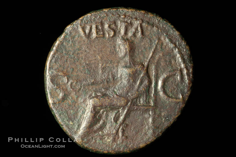 Roman emperor Caligula (37-41 A.D.), depicted on ancient Roman coin (bronze, denom/type: As) (AE As. Obverse: Bust left. C CEASAR DIVI AVG PRON AVG PM TRP IIII PP. Reverse: Vesta seated left. SC. TRP IIII = 41 AD. S616 var.)., natural history stock photograph, photo id 06531