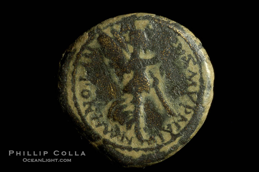 Roman emperor Caligula (37-41 A.D.), depicted on ancient Roman coin (bronze, denom/type: AE16) (AE16, Smyrna, 4.8 g., RPC 2473, Head right, Victory right.)., natural history stock photograph, photo id 06783