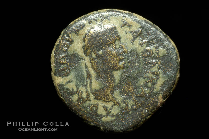 Roman emperor Caligula (37-41 A.D.), depicted on ancient Roman coin (bronze, denom/type: AE16) (AE16, Smyrna, 4.8 g., RPC 2473, Head right, Victory right.)., natural history stock photograph, photo id 06781