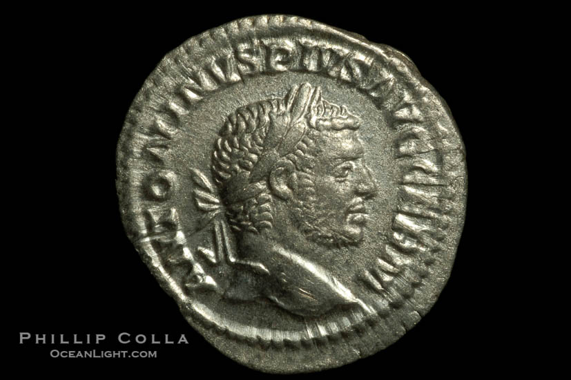 Roman emperor Caracalla (198-217 A.D.), depicted on ancient Roman coin (silver, denom/type: Denarius) (Denarius, EF. Obverse: ANTONINVS PIVS AVG GERM. Reverse: VENVS VICTRIX)., natural history stock photograph, photo id 06578