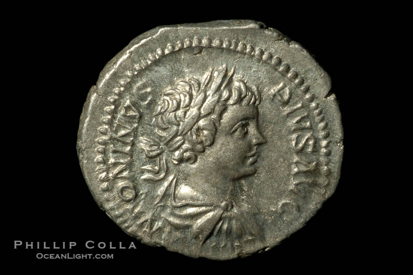 Roman emperor Caracalla (198-217 A.D.), depicted on ancient Roman coin (silver, denom/type: Denarius)., natural history stock photograph, photo id 06576