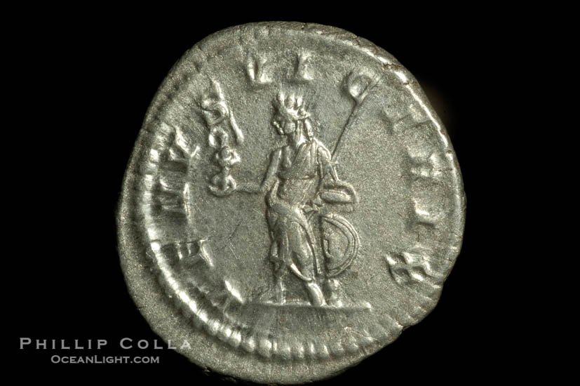 Roman emperor Caracalla (198-217 A.D.), depicted on ancient Roman coin (silver, denom/type: Denarius) (Denarius, EF. Obverse: ANTONINVS PIVS AVG GERM. Reverse: VENVS VICTRIX)., natural history stock photograph, photo id 06579
