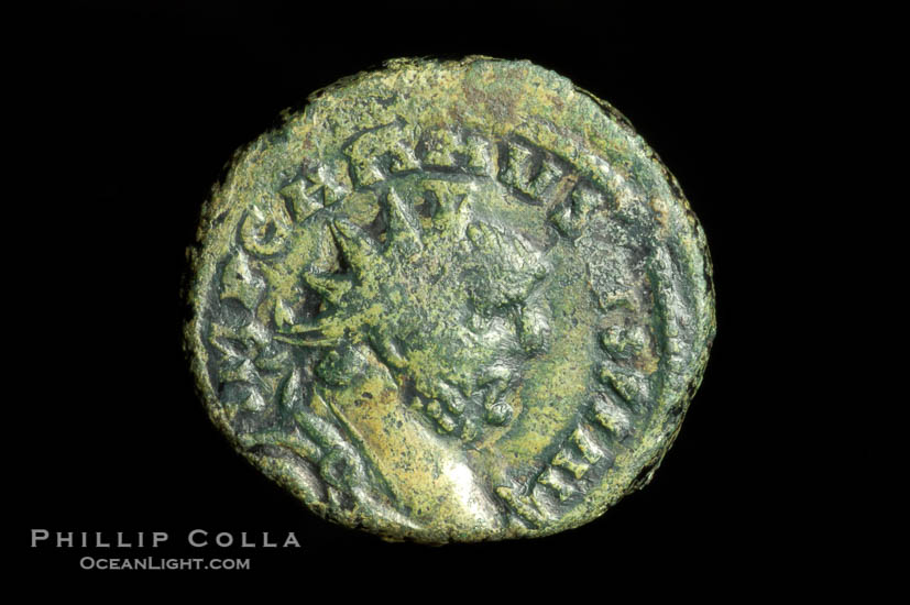 Roman emperor Carausius (287-293 A.D.), depicted on ancient Roman coin (bronze, denom/type: Antoninianus) (Antoninianus Obverse: IMP CARAVSIVS PF AVG. Reverse: MONETA AVG; Moneta standing left.)., natural history stock photograph, photo id 06656