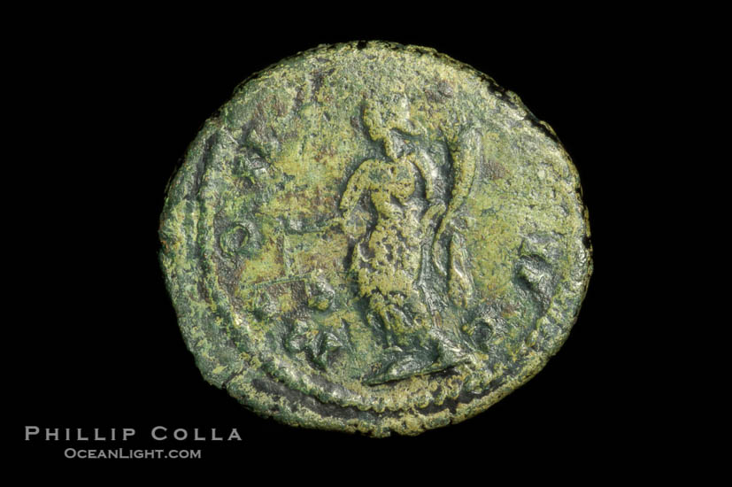Roman emperor Carausius (287-293 A.D.), depicted on ancient Roman coin (bronze, denom/type: Antoninianus) (Antoninianus Obverse: IMP CARAVSIVS PF AVG. Reverse: MONETA AVG; Moneta standing left.)., natural history stock photograph, photo id 06657