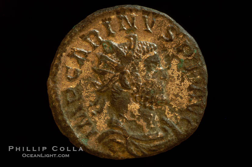 Roman emperor Carinus (283-284 A.D.), depicted on ancient Roman coin (bronze, denom/type: Antoninianus) (Antoninianus VF/aVF; Sear 3474, VanMeter 20.2, Vagi 2492. Reverse: VICTORIA AVGG)., natural history stock photograph, photo id 06826