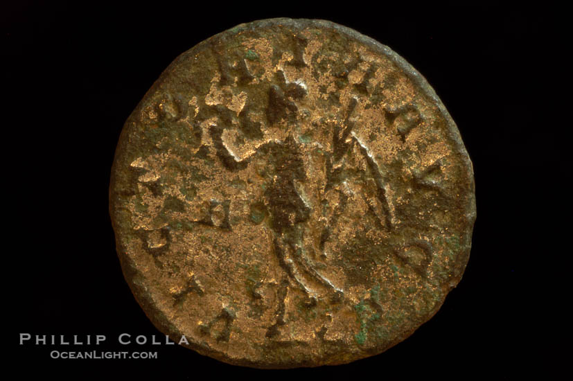 Roman emperor Carinus (283-284 A.D.), depicted on ancient Roman coin (bronze, denom/type: Antoninianus) (Antoninianus VF/aVF; Sear 3474, VanMeter 20.2, Vagi 2492. Reverse: VICTORIA AVGG)., natural history stock photograph, photo id 06828