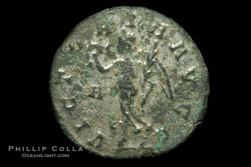 Roman emperor Carinus (283-284 A.D.), depicted on ancient Roman coin (bronze, denom/type: Antoninianus) (Antoninianus VF/aVF; Sear 3474, VanMeter 20.2, Vagi 2492. Reverse: VICTORIA AVGG)., natural history stock photograph, photo id 06829