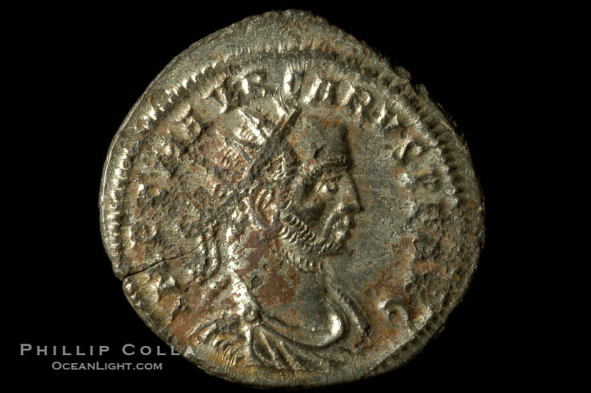 Roman emperor Carus (282-283 A.D.), depicted on ancient Roman coin (bronze, denom/type: Antoninianus) (Antoninianus RIC V-2 128P150; VIRTVS AVGG; Tripolis mint.)., natural history stock photograph, photo id 06642