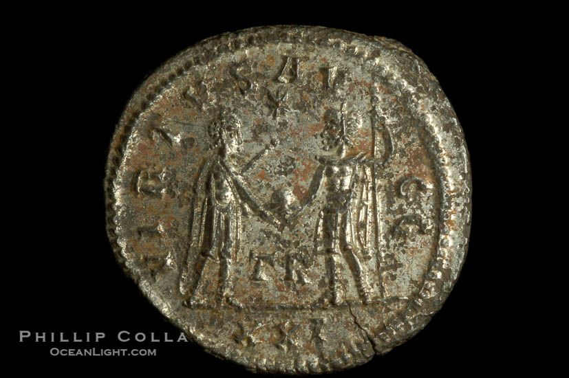 Roman emperor Carus (282-283 A.D.), depicted on ancient Roman coin (bronze, denom/type: Antoninianus) (Antoninianus RIC V-2 128P150; VIRTVS AVGG; Tripolis mint.)., natural history stock photograph, photo id 06643