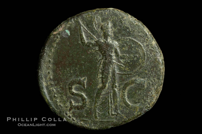 Roman emperor Claudius (41-54 A.D.), depicted on ancient Roman coin (bronze, denom/type: As) (AS, VF. Reverse: SC, Minerva standing right, spear and shield.)., natural history stock photograph, photo id 06533