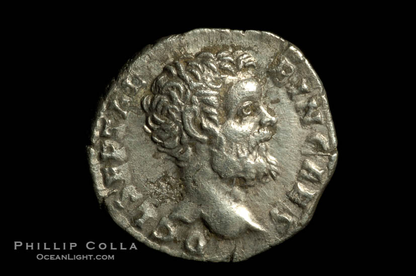 Roman emperor Clodius Albinus (193-197 A.D.), depicted on ancient Roman coin (silver, denom/type: Denarius)., natural history stock photograph, photo id 06570
