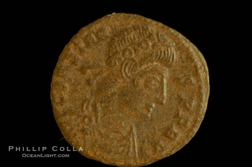 Roman emperor Constans (337-350 A.D.), depicted on ancient Roman coin (bronze, denom/type: AE4) (AE4, 15mm, S. 3921-M.)., natural history stock photograph, photo id 06702
