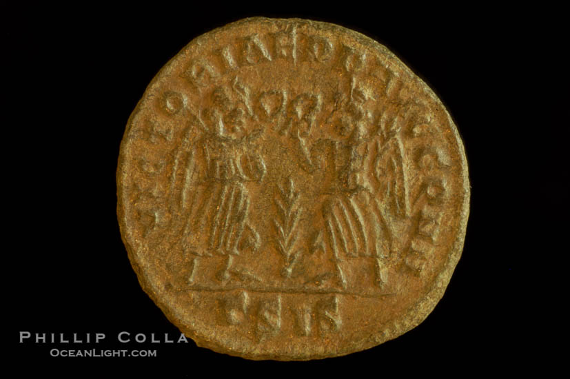 Roman emperor Constans (337-350 A.D.), depicted on ancient Roman coin (bronze, denom/type: AE4) (AE4, 15mm, S. 3921-M.)., natural history stock photograph, photo id 06704
