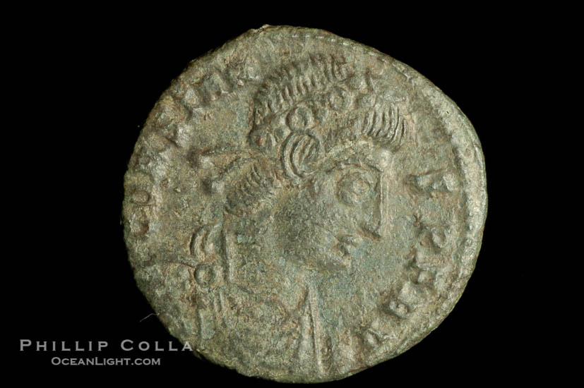 Roman emperor Constans (337-350 A.D.), depicted on ancient Roman coin (bronze, denom/type: AE4) (AE4, 15mm, S. 3921-M.)., natural history stock photograph, photo id 06703