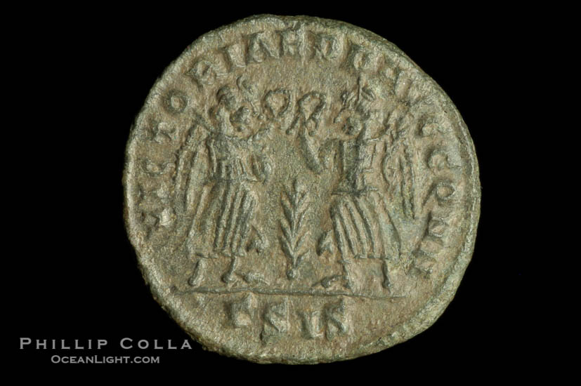 Roman emperor Constans (337-350 A.D.), depicted on ancient Roman coin (bronze, denom/type: AE4) (AE4, 15mm, S. 3921-M.)., natural history stock photograph, photo id 06705