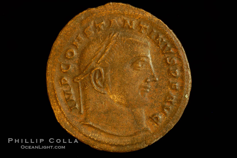 Roman emperor Constantine I (307-337 A.D.), depicted on ancient Roman coin (bronze, denom/type: Follis)., natural history stock photograph, photo id 06678