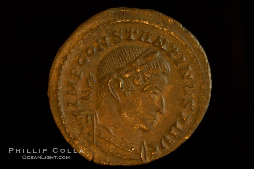 Roman emperor Constantine I (307-337 A.D.), depicted on ancient Roman coin (bronze, denom/type: Follis) (AE 21mm; XF-AU)., natural history stock photograph, photo id 06682
