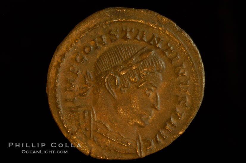 Roman emperor Constantine I (307-337 A.D.), depicted on ancient Roman coin (bronze, denom/type: Follis) (AE 21mm; XF-AU)., natural history stock photograph, photo id 06682