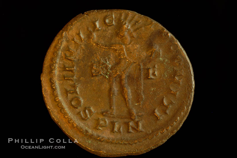 Roman emperor Constantine I (307-337 A.D.), depicted on ancient Roman coin (bronze, denom/type: Follis) (AE 21mm; XF-AU)., natural history stock photograph, photo id 06684