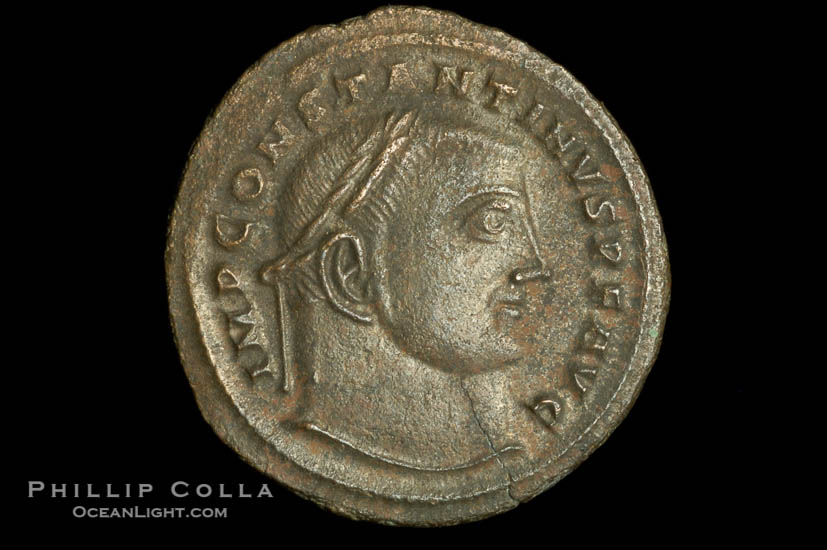 Roman emperor Constantine I (307-337 A.D.), depicted on ancient Roman coin (bronze, denom/type: Follis)., natural history stock photograph, photo id 06679