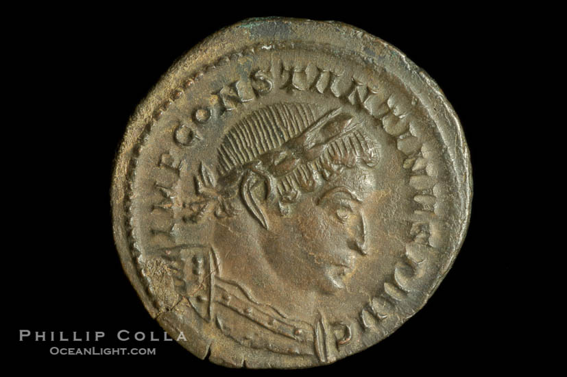 Roman emperor Constantine I (307-337 A.D.), depicted on ancient Roman coin (bronze, denom/type: Follis) (AE 21mm; XF-AU)., natural history stock photograph, photo id 06683