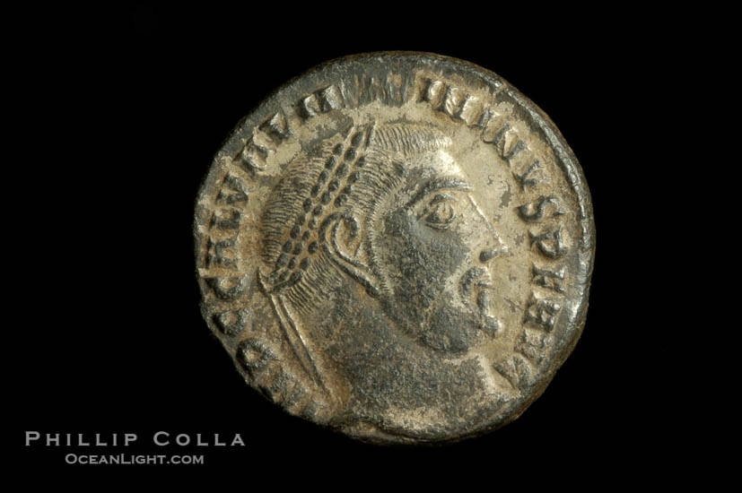 Roman emperor Constantine I (307-337 A.D.), depicted on ancient Roman coin (bronze, denom/type: Follis)., natural history stock photograph, photo id 06839