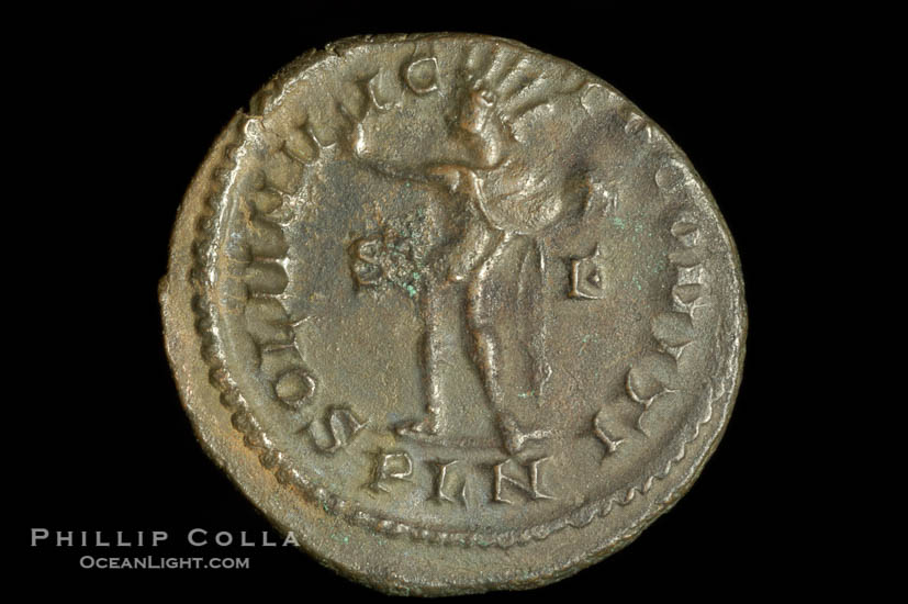 Roman emperor Constantine I (307-337 A.D.), depicted on ancient Roman coin (bronze, denom/type: Follis) (AE 21mm; XF-AU)., natural history stock photograph, photo id 06685
