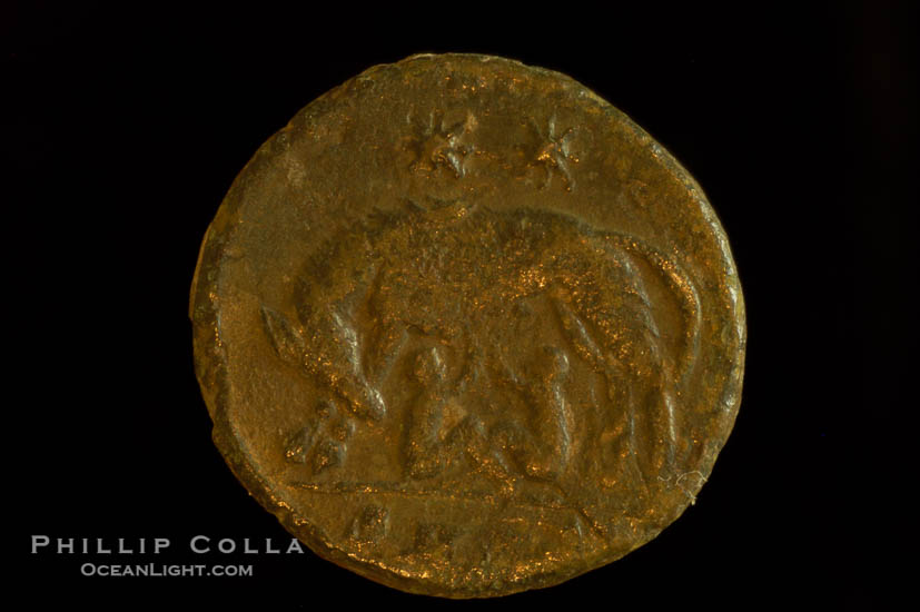 Roman emperor Constantine I-URBS (307-337 A.D.), depicted on ancient Roman coin (bronze, denom/type: AE3) (AE3, Sear 3894. Obverse: VRBS ROMA. Reverse: She wolf, Romulus, Remus, 2 stars.)., natural history stock photograph, photo id 06688