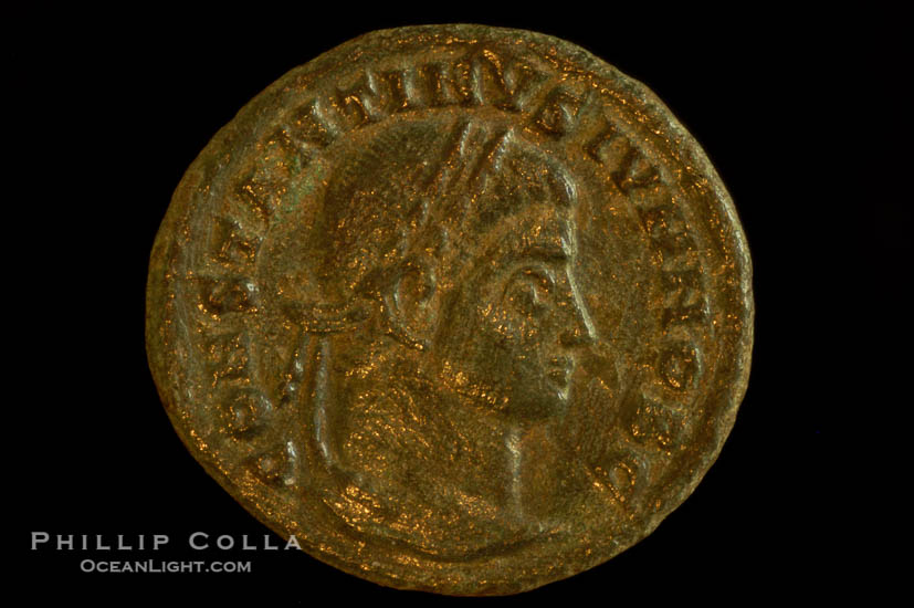 Roman emperor Constantine II (316-337 A.D.), depicted on ancient Roman coin (bronze, denom/type: AE3) (AE3. Obverse: CONSTANTINVS IVN NOB C. Reverse: C, AESAR V NOSTROR VM. Wreath enclosing VOT X.)., natural history stock photograph, photo id 06690