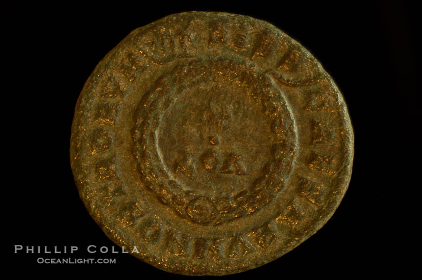 Roman emperor Constantine II (316-337 A.D.), depicted on ancient Roman coin (bronze, denom/type: AE3) (AE3. Obverse: CONSTANTINVS IVN NOB C. Reverse: C, AESAR V NOSTROR VM. Wreath enclosing VOT X.)., natural history stock photograph, photo id 06692
