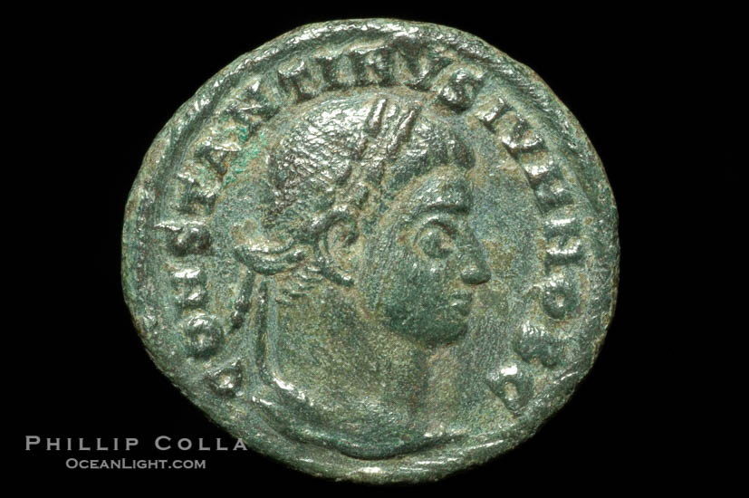 Roman emperor Constantine II (316-337 A.D.), depicted on ancient Roman coin (bronze, denom/type: AE3) (AE3. Obverse: CONSTANTINVS IVN NOB C. Reverse: C, AESAR V NOSTROR VM. Wreath enclosing VOT X.)., natural history stock photograph, photo id 06691