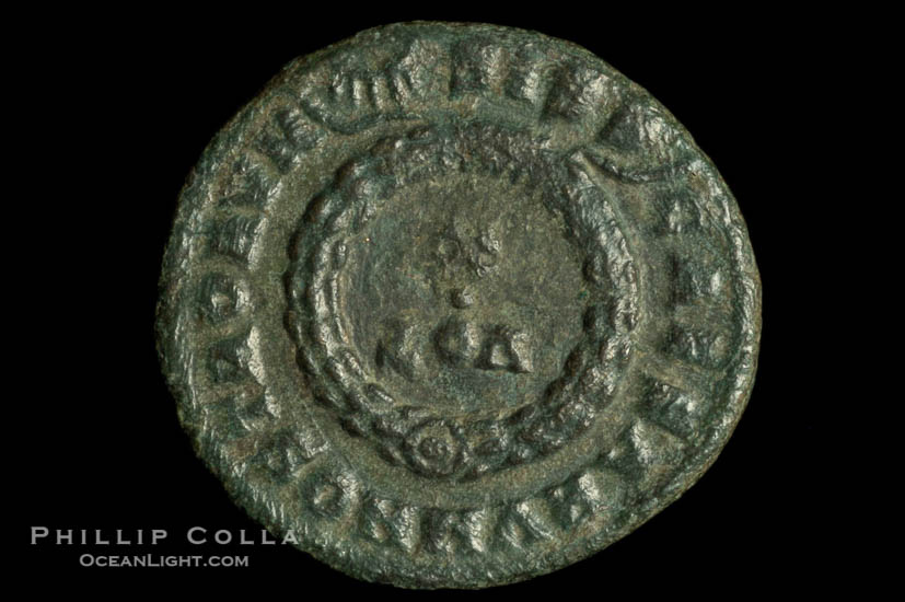 Roman emperor Constantine II (316-337 A.D.), depicted on ancient Roman coin (bronze, denom/type: AE3) (AE3. Obverse: CONSTANTINVS IVN NOB C. Reverse: C, AESAR V NOSTROR VM. Wreath enclosing VOT X.)., natural history stock photograph, photo id 06693